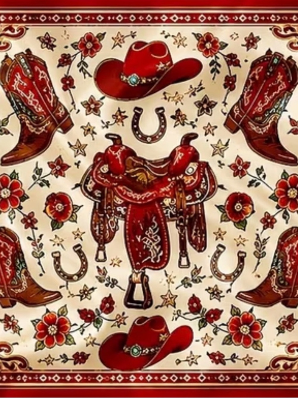 Red Western Saddle & Cowboy Print Bandana Scarf